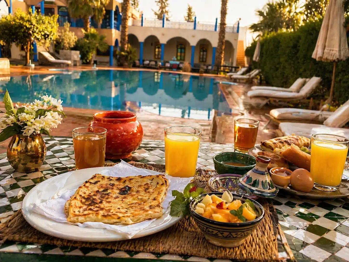 Moroccan breakfast by the pool at Riad Qodwa